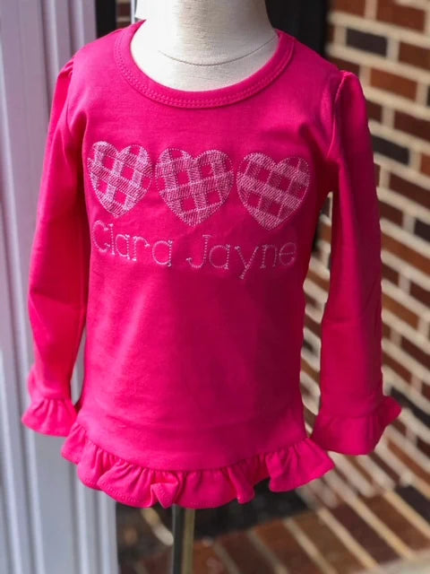 Long Sleeve Ruffle Shirt - Gingham Heart Trio